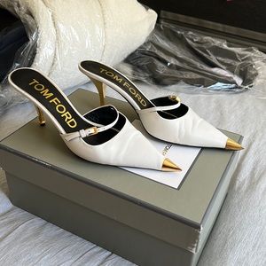 White (Chalk) Tom Ford Leather Pointed Toe Heeled Mary Jane Mules